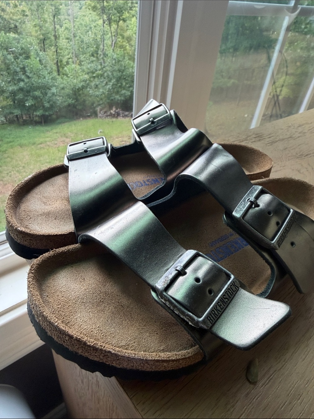 Birkenstock women’s Gunmetal Arizona Double-Buckle Sandals